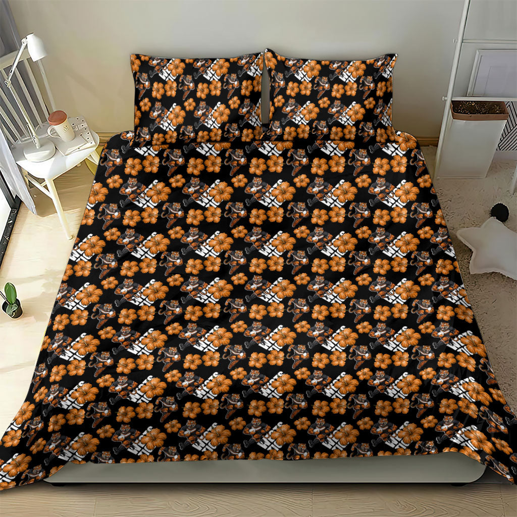 Wests Tigers Bedding Set Tropical Hibiscus Floral Seamless Rugby Mascot