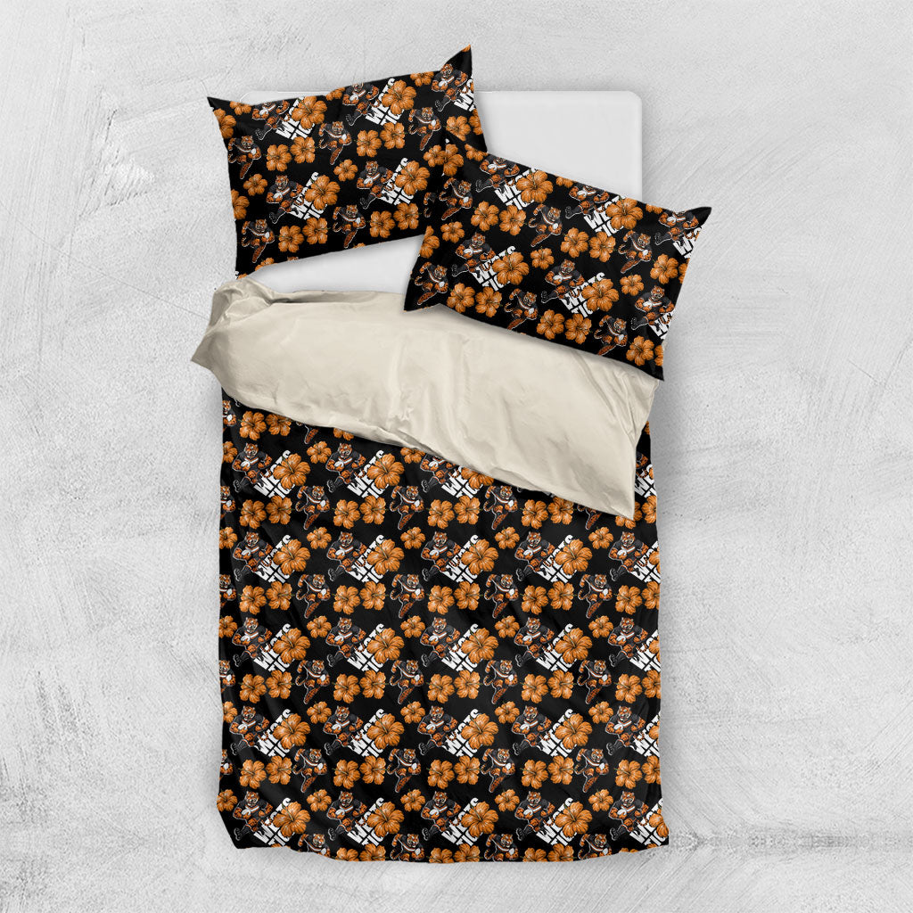 Wests Tigers Bedding Set Tropical Hibiscus Floral Seamless Rugby Mascot