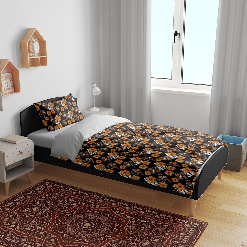 Wests Tigers Bedding Set Tropical Hibiscus Floral Seamless Rugby Mascot