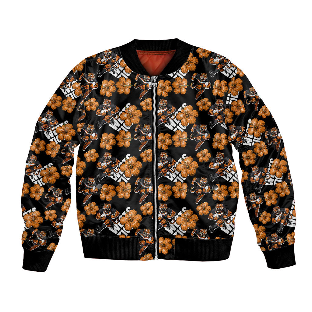 Wests Tigers Bomber Jacket Tropical Hibiscus Floral Seamless Rugby Mascot