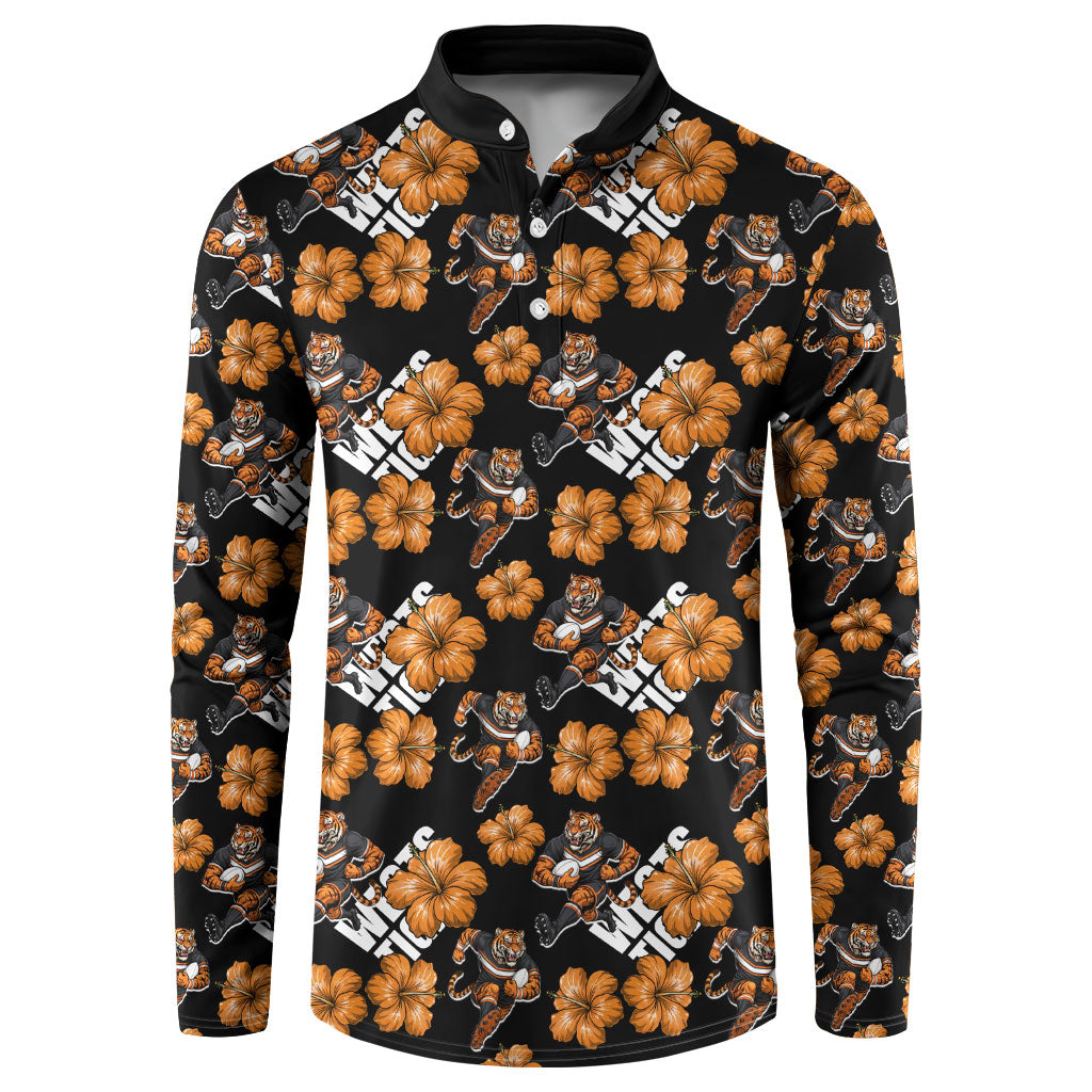 Wests Tigers Button Sweatshirt Tropical Hibiscus Floral Seamless Rugby Mascot