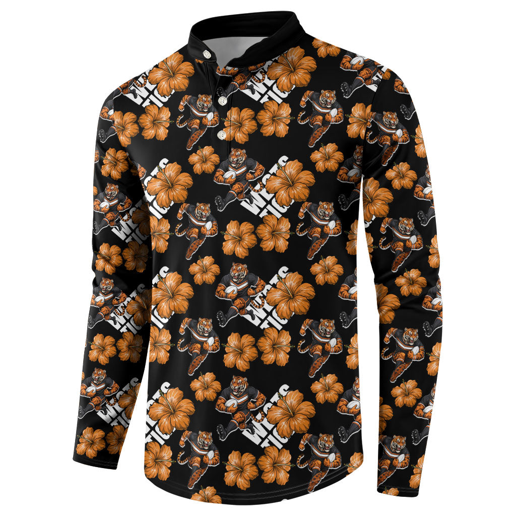 Wests Tigers Button Sweatshirt Tropical Hibiscus Floral Seamless Rugby Mascot