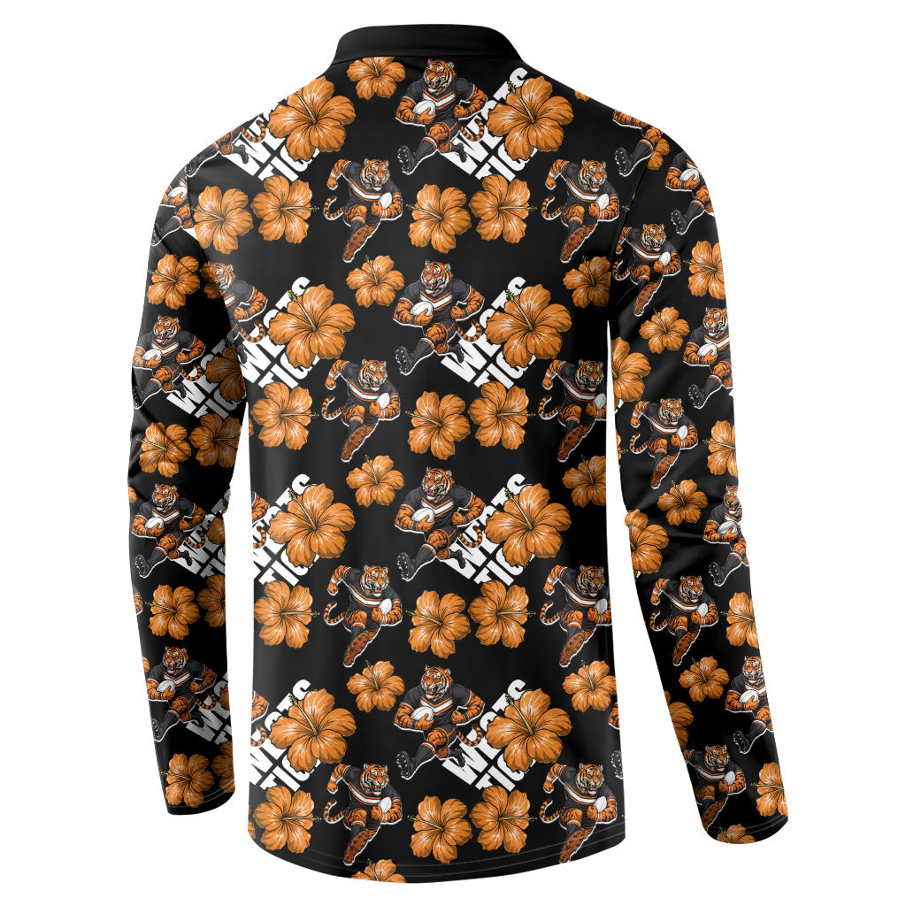 Wests Tigers Button Sweatshirt Tropical Hibiscus Floral Seamless Rugby Mascot