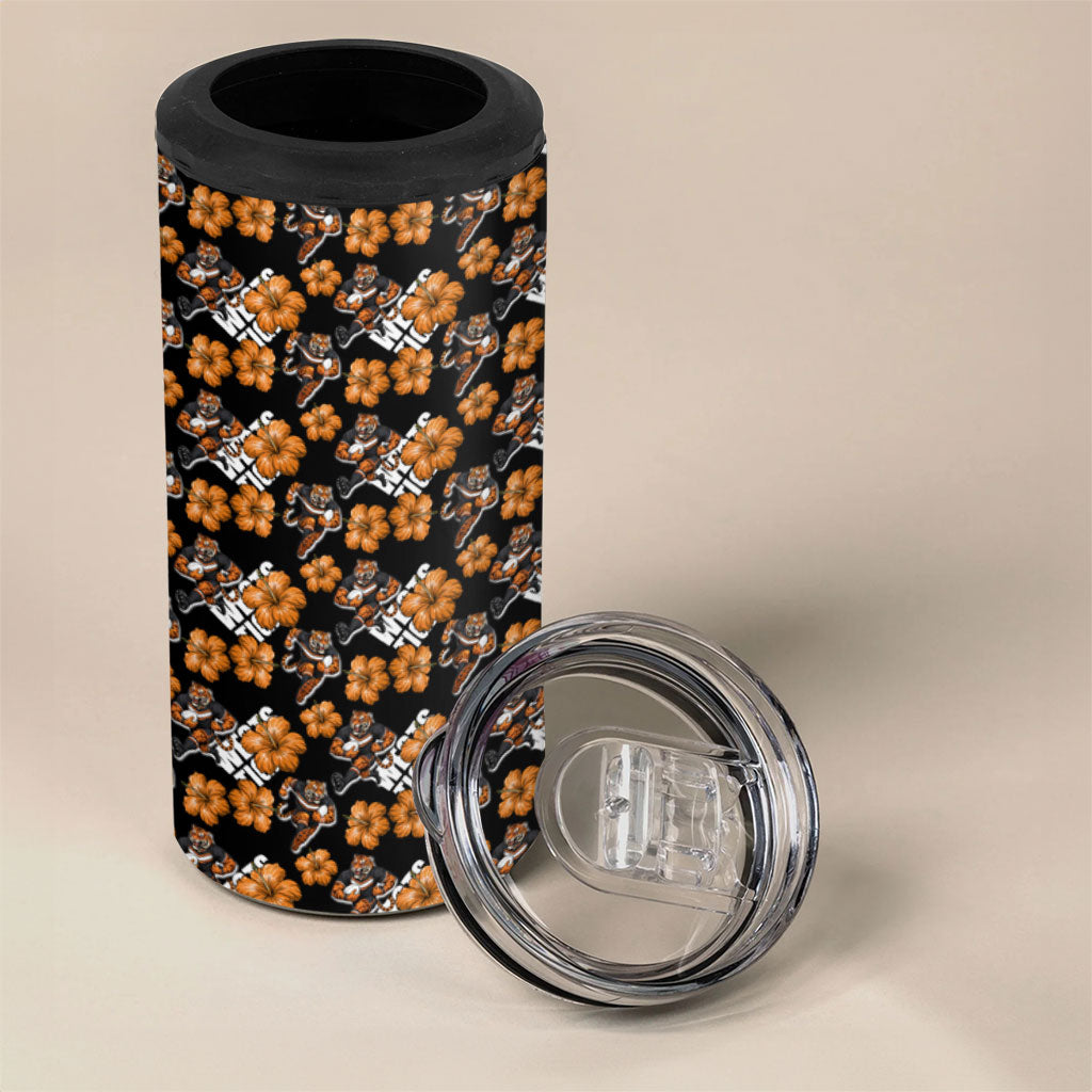Wests Tigers 4 in 1 Can Cooler Tumbler Tropical Hibiscus Floral Seamless Rugby Mascot