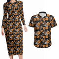 Wests Tigers Couples Matching Long Sleeve Bodycon Dress and Hawaiian Shirt Tropical Hibiscus Floral Seamless Rugby Mascot