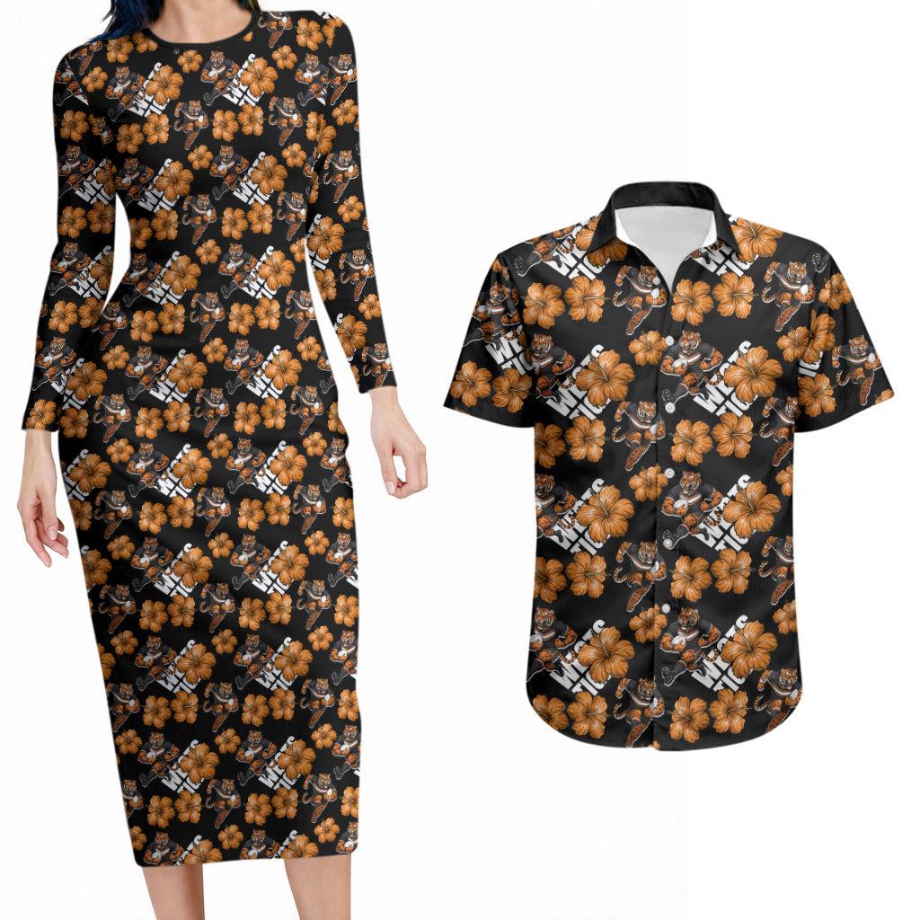 Wests Tigers Couples Matching Long Sleeve Bodycon Dress and Hawaiian Shirt Tropical Hibiscus Floral Seamless Rugby Mascot
