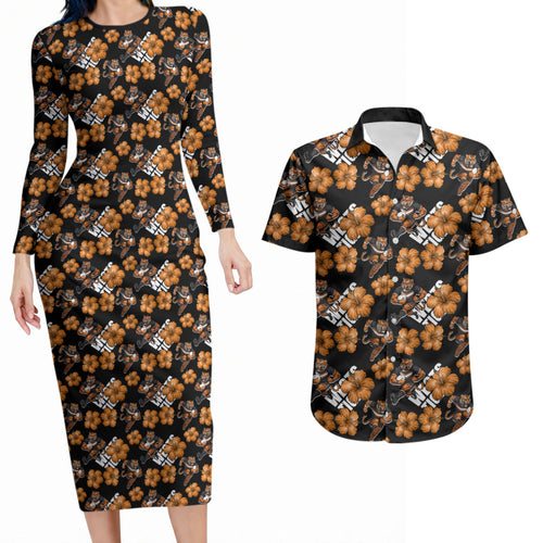 Wests Tigers Couples Matching Long Sleeve Bodycon Dress and Hawaiian Shirt Tropical Hibiscus Floral Seamless Rugby Mascot