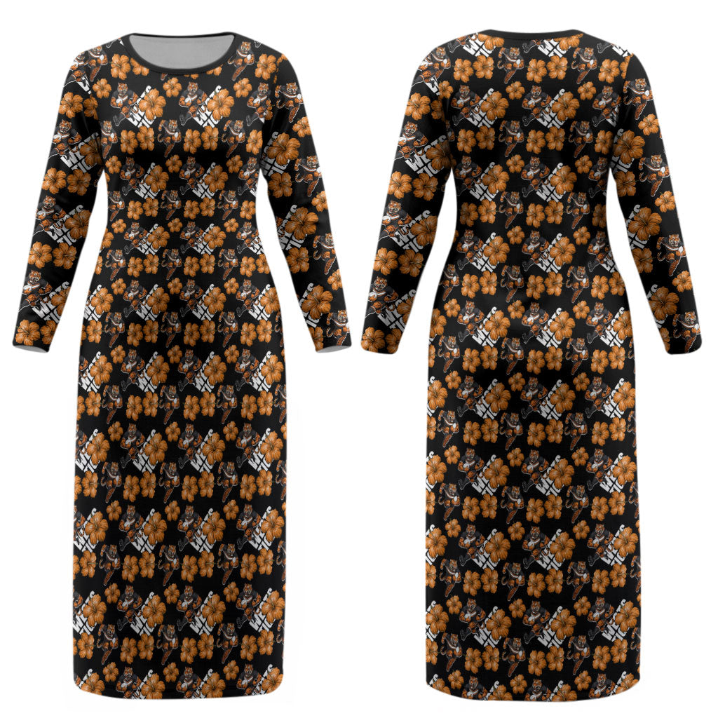Wests Tigers Couples Matching Long Sleeve Bodycon Dress and Hawaiian Shirt Tropical Hibiscus Floral Seamless Rugby Mascot