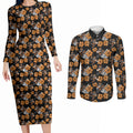 Wests Tigers Couples Matching Long Sleeve Bodycon Dress and Long Sleeve Button Shirt Tropical Hibiscus Floral Seamless Rugby Mascot