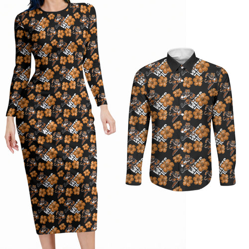 Wests Tigers Couples Matching Long Sleeve Bodycon Dress and Long Sleeve Button Shirt Tropical Hibiscus Floral Seamless Rugby Mascot
