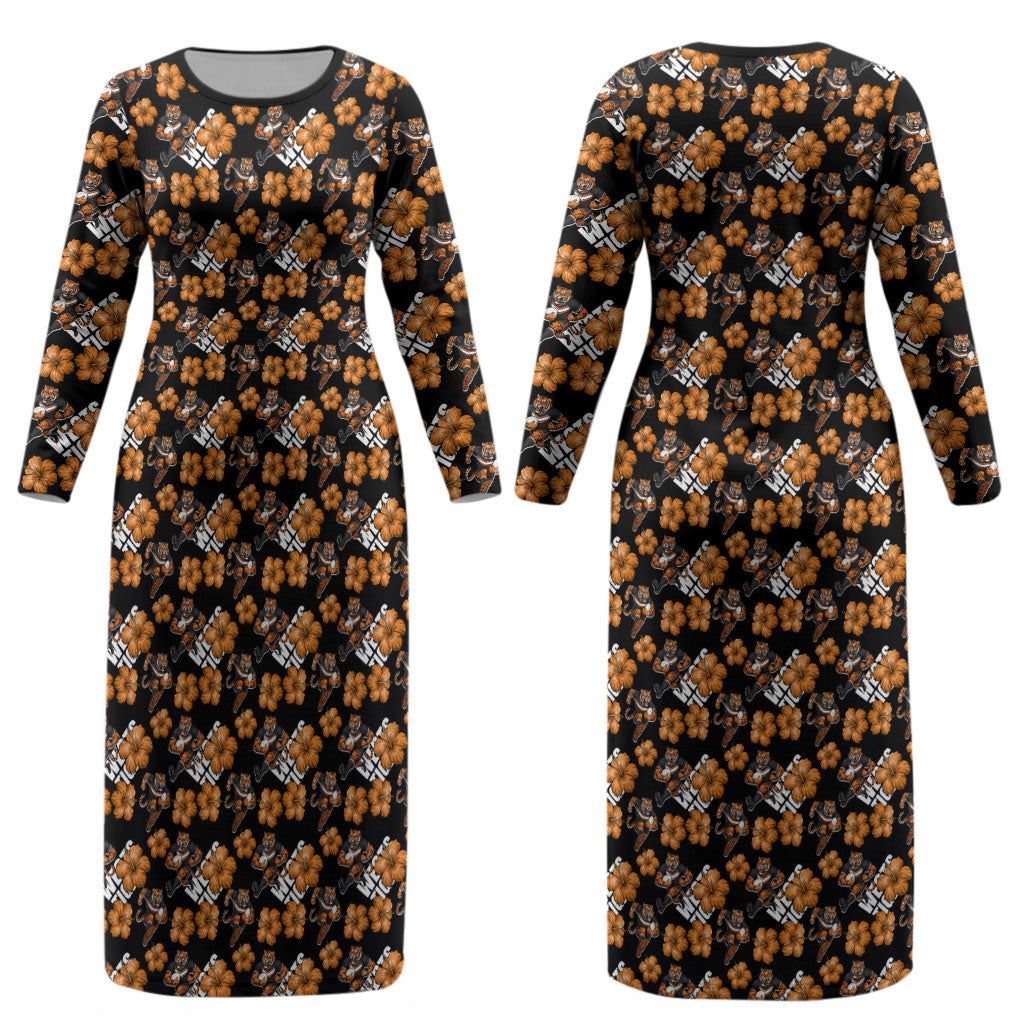 Wests Tigers Couples Matching Long Sleeve Bodycon Dress and Long Sleeve Button Shirt Tropical Hibiscus Floral Seamless Rugby Mascot