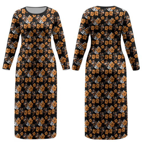 Wests Tigers Couples Matching Long Sleeve Bodycon Dress and Long Sleeve Button Shirt Tropical Hibiscus Floral Seamless Rugby Mascot