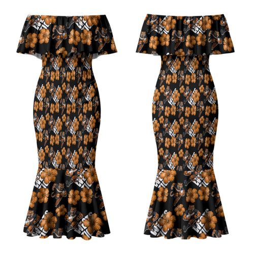 Wests Tigers Couples Matching Mermaid Dress and Hawaiian Shirt Tropical Hibiscus Floral Seamless Rugby Mascot