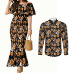 Wests Tigers Couples Matching Mermaid Dress and Long Sleeve Button Shirt Tropical Hibiscus Floral Seamless Rugby Mascot