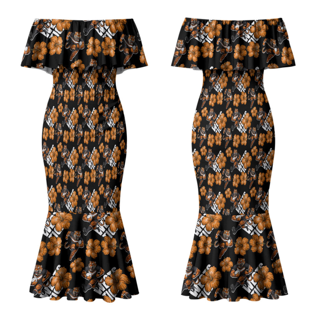 Wests Tigers Couples Matching Mermaid Dress and Long Sleeve Button Shirt Tropical Hibiscus Floral Seamless Rugby Mascot