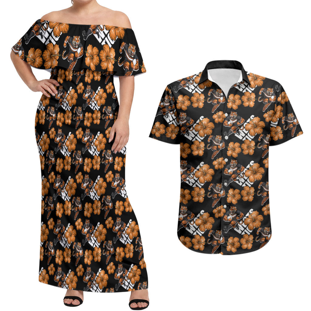 Wests Tigers Couples Matching Off Shoulder Maxi Dress and Hawaiian Shirt Tropical Hibiscus Floral Seamless Rugby Mascot