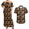 Wests Tigers Couples Matching Off Shoulder Maxi Dress and Hawaiian Shirt Tropical Hibiscus Floral Seamless Rugby Mascot