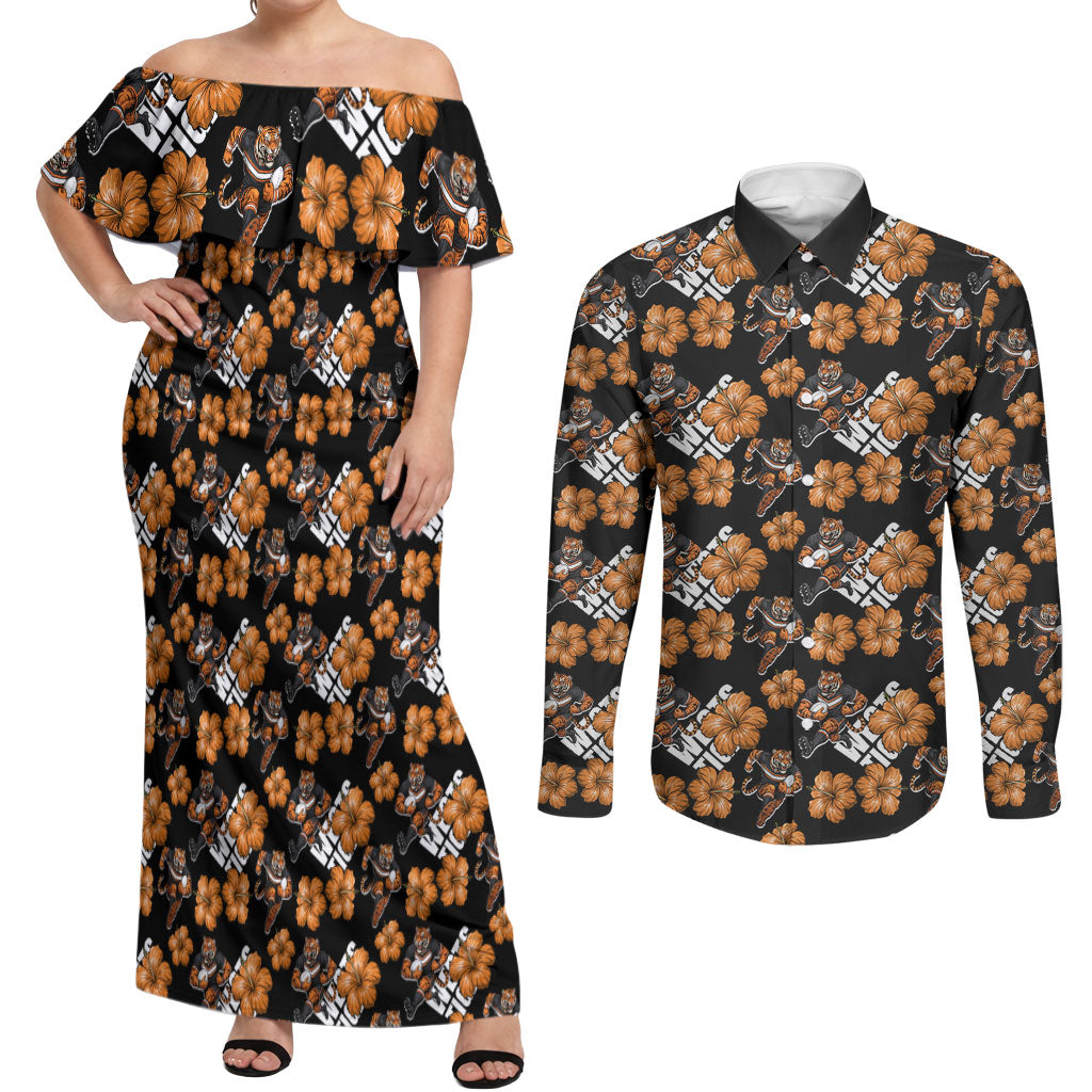 Wests Tigers Couples Matching Off Shoulder Maxi Dress and Long Sleeve Button Shirt Tropical Hibiscus Floral Seamless Rugby Mascot
