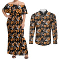 Wests Tigers Couples Matching Off Shoulder Maxi Dress and Long Sleeve Button Shirt Tropical Hibiscus Floral Seamless Rugby Mascot