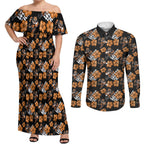 Wests Tigers Couples Matching Off Shoulder Maxi Dress and Long Sleeve Button Shirt Tropical Hibiscus Floral Seamless Rugby Mascot