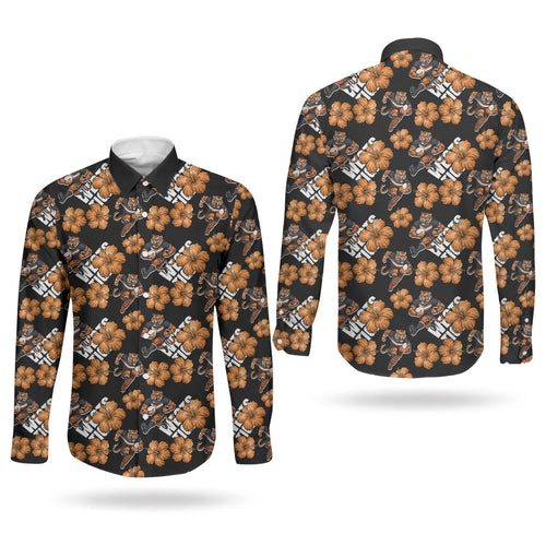 Wests Tigers Couples Matching Off Shoulder Maxi Dress and Long Sleeve Button Shirt Tropical Hibiscus Floral Seamless Rugby Mascot