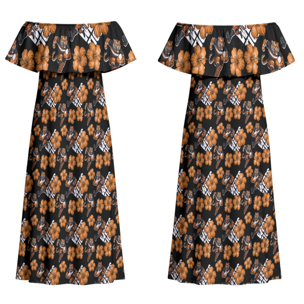 Wests Tigers Couples Matching Off Shoulder Maxi Dress and Long Sleeve Button Shirt Tropical Hibiscus Floral Seamless Rugby Mascot