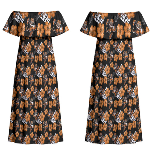 Wests Tigers Couples Matching Off Shoulder Maxi Dress and Long Sleeve Button Shirt Tropical Hibiscus Floral Seamless Rugby Mascot