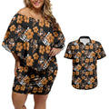 Wests Tigers Couples Matching Off Shoulder Short Dress and Hawaiian Shirt Tropical Hibiscus Floral Seamless Rugby Mascot