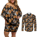 Wests Tigers Couples Matching Off Shoulder Short Dress and Long Sleeve Button Shirt Tropical Hibiscus Floral Seamless Rugby Mascot