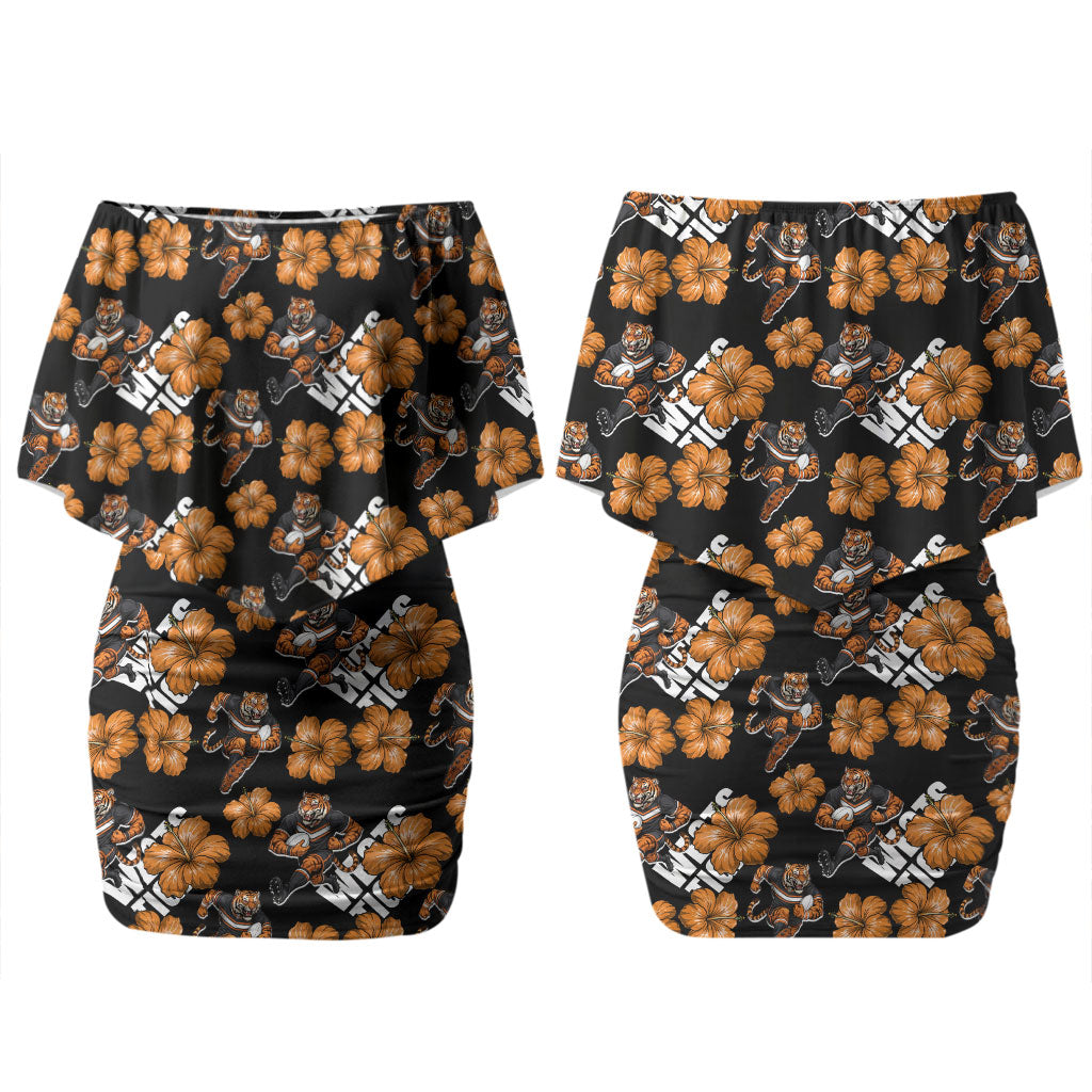 Wests Tigers Couples Matching Off Shoulder Short Dress and Long Sleeve Button Shirt Tropical Hibiscus Floral Seamless Rugby Mascot