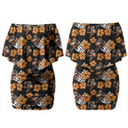 Wests Tigers Couples Matching Off Shoulder Short Dress and Long Sleeve Button Shirt Tropical Hibiscus Floral Seamless Rugby Mascot