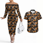 Wests Tigers Couples Matching Off The Shoulder Long Sleeve Dress and Hawaiian Shirt Tropical Hibiscus Floral Seamless Rugby Mascot