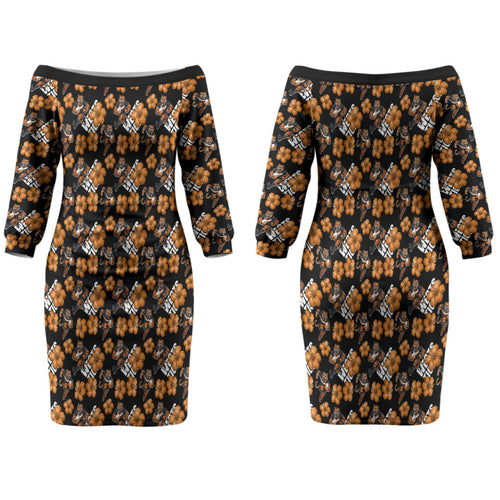 Wests Tigers Couples Matching Off The Shoulder Long Sleeve Dress and Hawaiian Shirt Tropical Hibiscus Floral Seamless Rugby Mascot