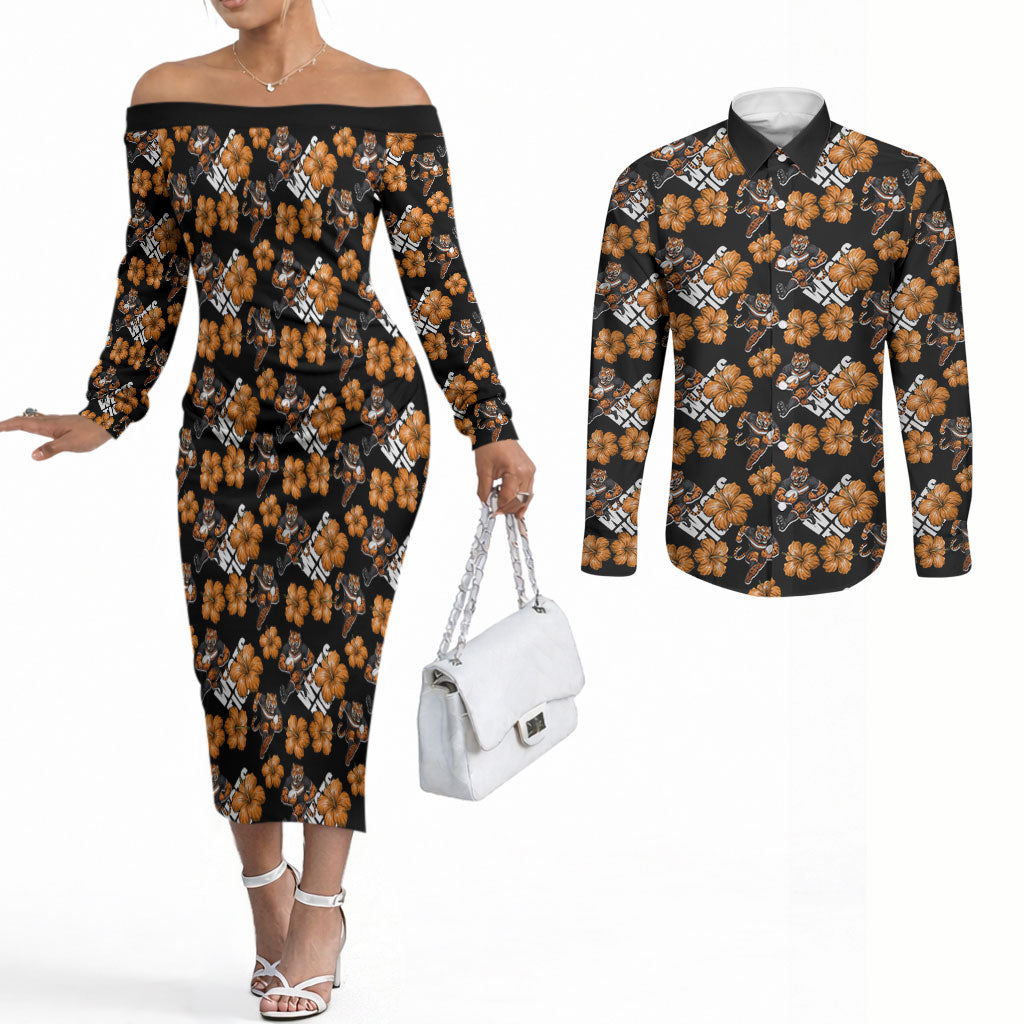 Wests Tigers Couples Matching Off The Shoulder Long Sleeve Dress and Long Sleeve Button Shirt Tropical Hibiscus Floral Seamless Rugby Mascot