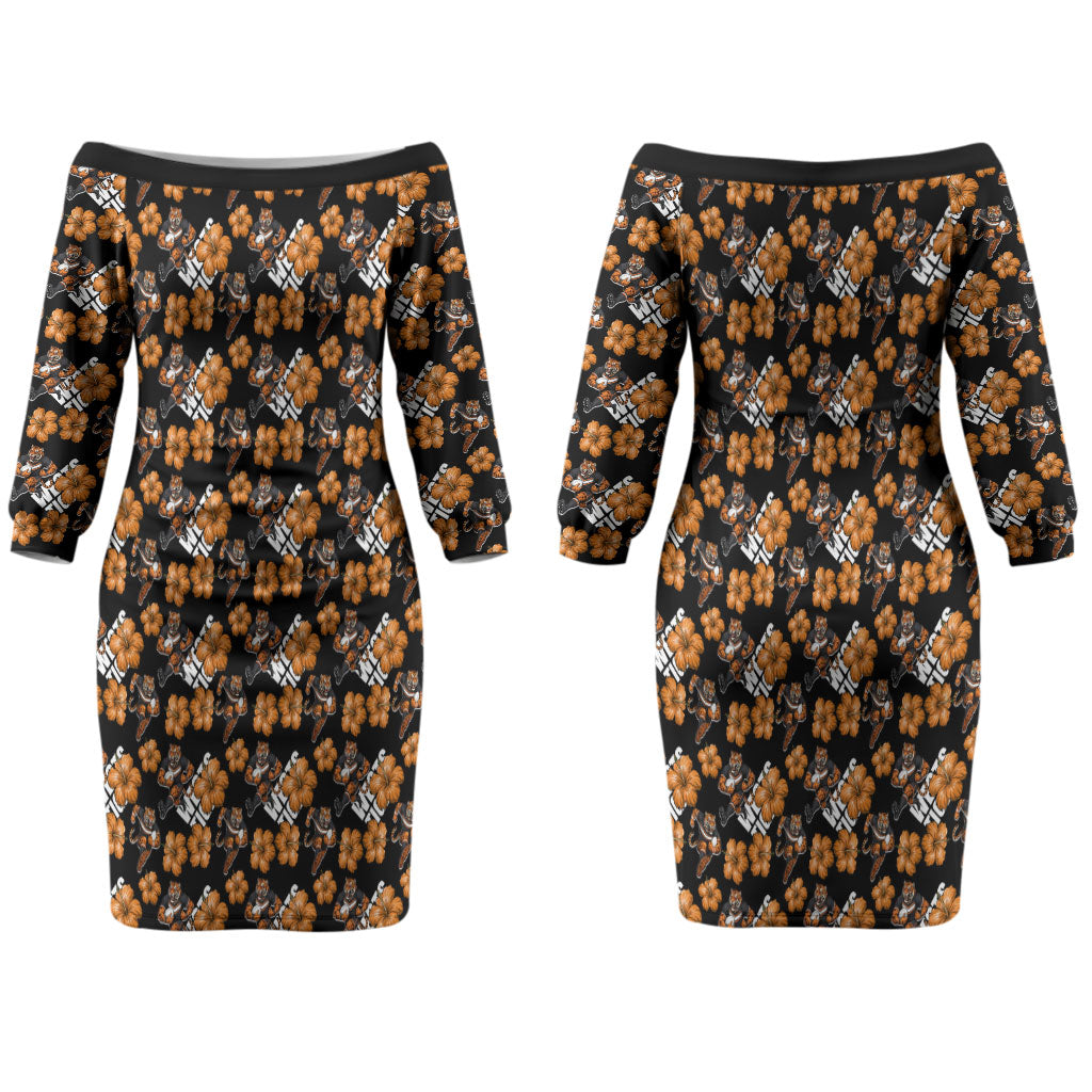 Wests Tigers Couples Matching Off The Shoulder Long Sleeve Dress and Long Sleeve Button Shirt Tropical Hibiscus Floral Seamless Rugby Mascot