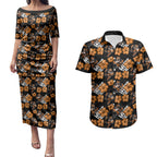 Wests Tigers Couples Matching Puletasi and Hawaiian Shirt Tropical Hibiscus Floral Seamless Rugby Mascot