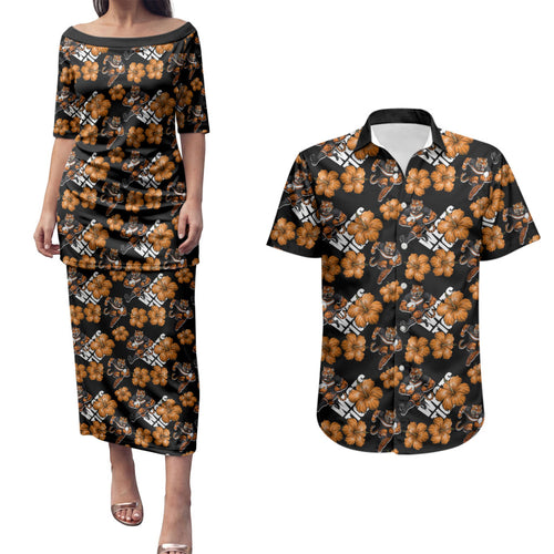 Wests Tigers Couples Matching Puletasi and Hawaiian Shirt Tropical Hibiscus Floral Seamless Rugby Mascot