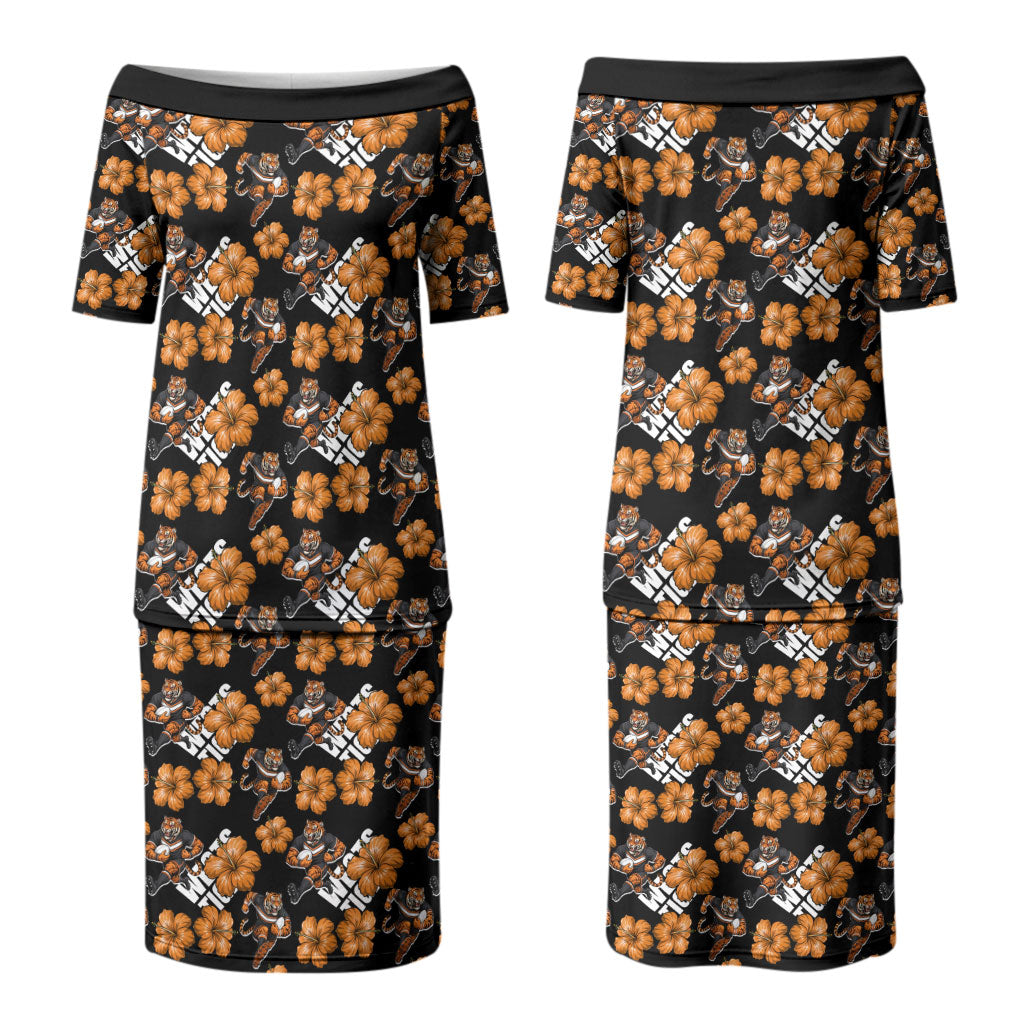 Wests Tigers Couples Matching Puletasi and Hawaiian Shirt Tropical Hibiscus Floral Seamless Rugby Mascot