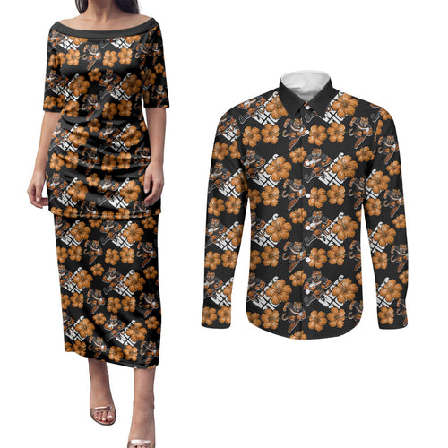 Wests Tigers Couples Matching Puletasi and Long Sleeve Button Shirt Tropical Hibiscus Floral Seamless Rugby Mascot