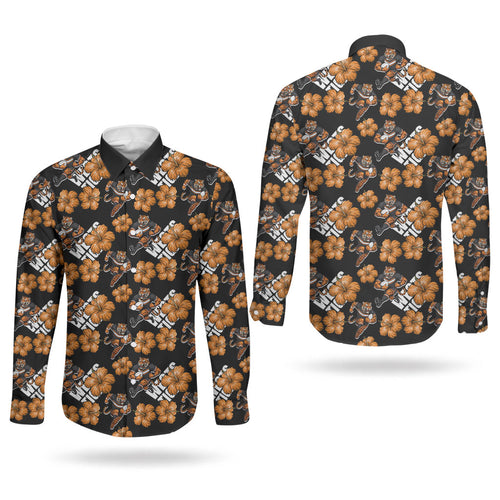 Wests Tigers Couples Matching Puletasi and Long Sleeve Button Shirt Tropical Hibiscus Floral Seamless Rugby Mascot