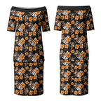 Wests Tigers Couples Matching Puletasi and Long Sleeve Button Shirt Tropical Hibiscus Floral Seamless Rugby Mascot