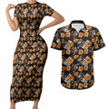 Wests Tigers Couples Matching Short Sleeve Bodycon Dress and Hawaiian Shirt Tropical Hibiscus Floral Seamless Rugby Mascot