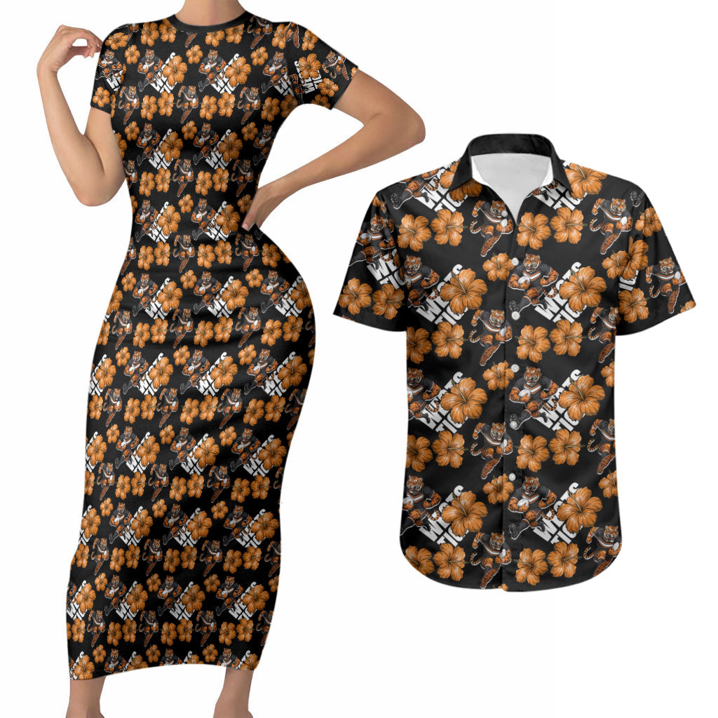 Wests Tigers Couples Matching Short Sleeve Bodycon Dress and Hawaiian Shirt Tropical Hibiscus Floral Seamless Rugby Mascot