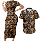 Wests Tigers Couples Matching Short Sleeve Bodycon Dress and Hawaiian Shirt Tropical Hibiscus Floral Seamless Rugby Mascot