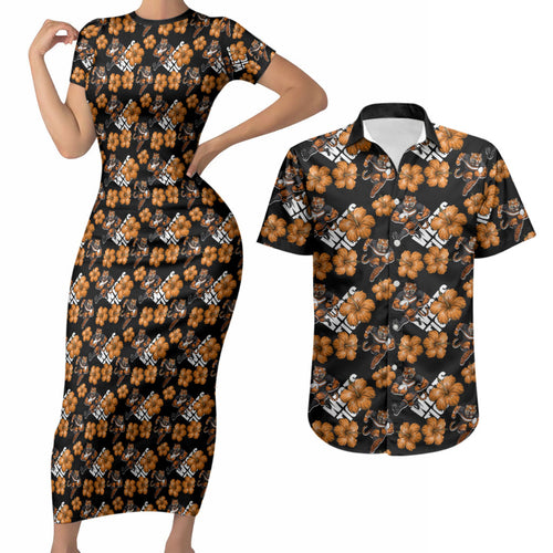 Wests Tigers Couples Matching Short Sleeve Bodycon Dress and Hawaiian Shirt Tropical Hibiscus Floral Seamless Rugby Mascot