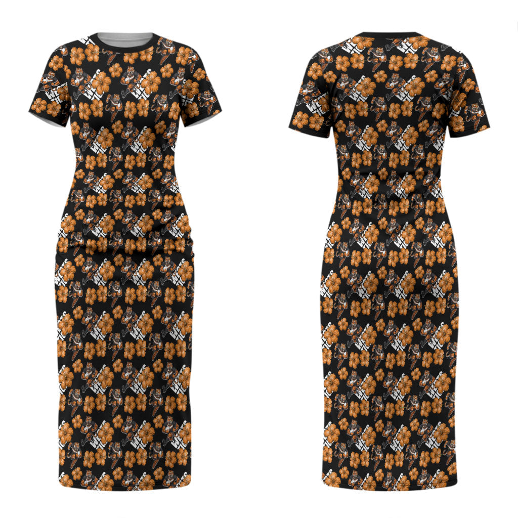 Wests Tigers Couples Matching Short Sleeve Bodycon Dress and Hawaiian Shirt Tropical Hibiscus Floral Seamless Rugby Mascot