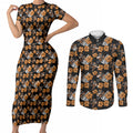 Wests Tigers Couples Matching Short Sleeve Bodycon Dress and Long Sleeve Button Shirt Tropical Hibiscus Floral Seamless Rugby Mascot