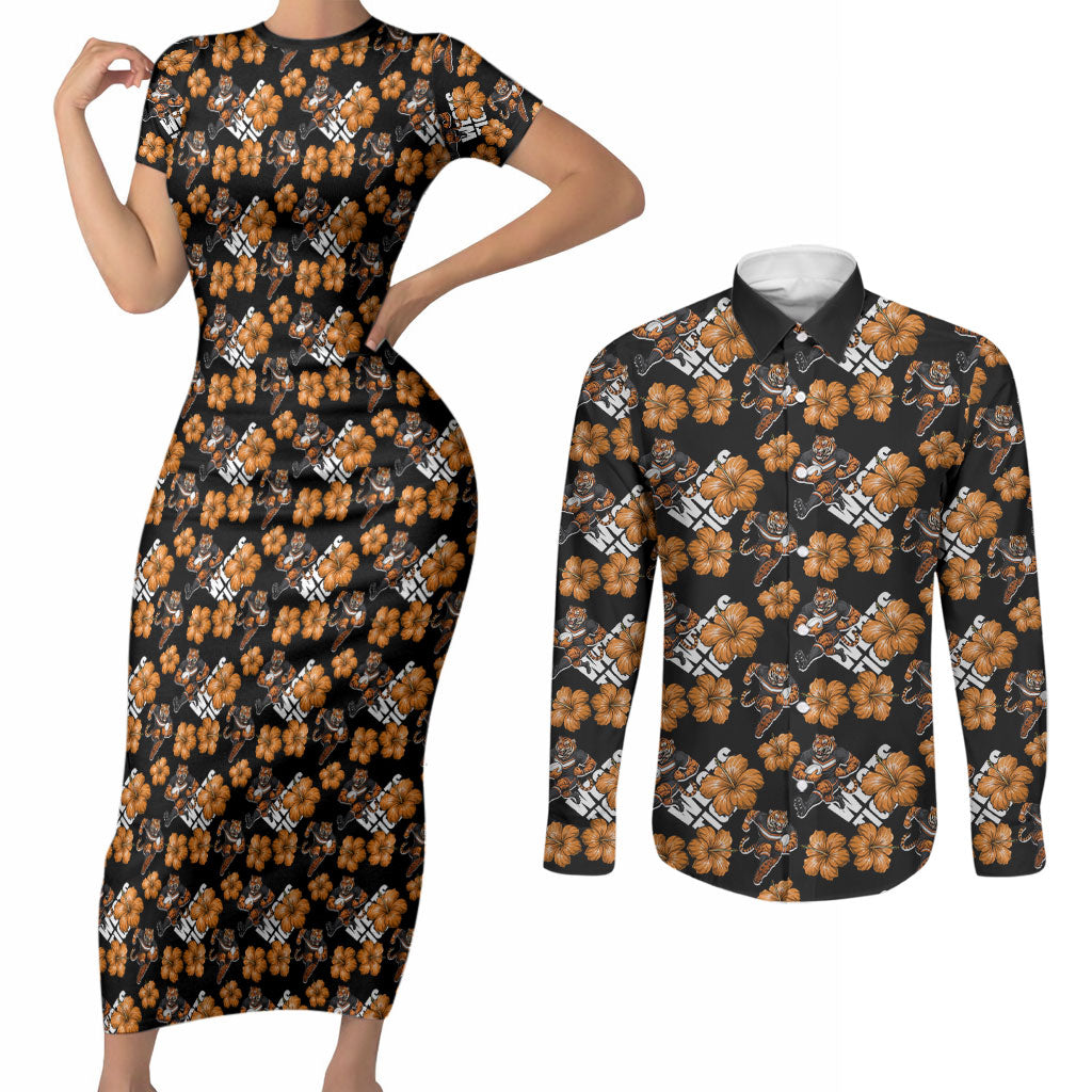 Wests Tigers Couples Matching Short Sleeve Bodycon Dress and Long Sleeve Button Shirt Tropical Hibiscus Floral Seamless Rugby Mascot