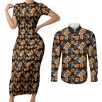 Wests Tigers Couples Matching Short Sleeve Bodycon Dress and Long Sleeve Button Shirt Tropical Hibiscus Floral Seamless Rugby Mascot