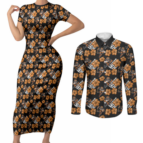 Wests Tigers Couples Matching Short Sleeve Bodycon Dress and Long Sleeve Button Shirt Tropical Hibiscus Floral Seamless Rugby Mascot